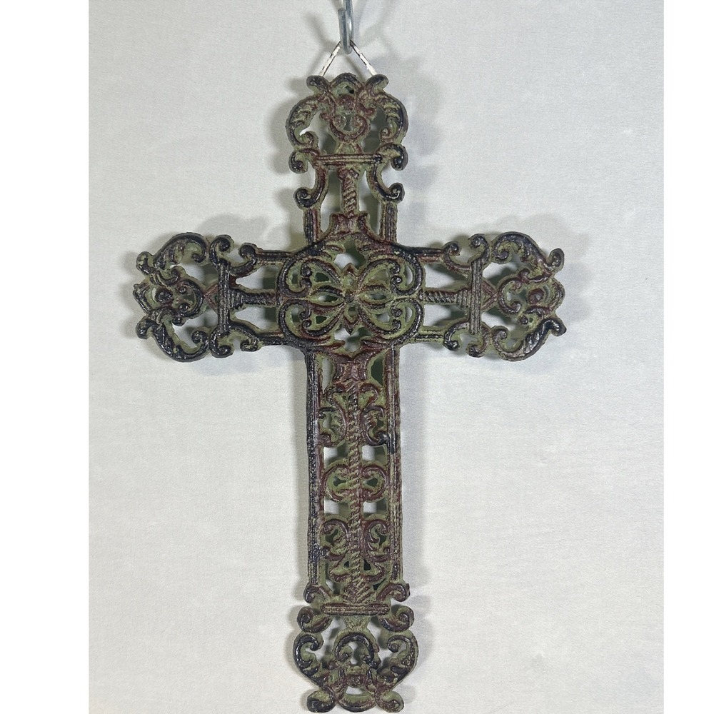 Ornate Cast Iron Wall Cross 11" Green Burgundy Distressed Gothic Religious Decor